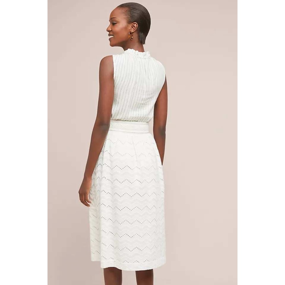 Tracy Reese x Anthropologie A-line Skirt Women 14 White Eyelet Tie Waist Midi - Picture 2 of 16